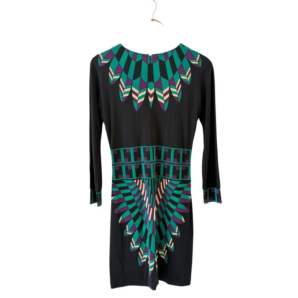 Tory Burch 100% Silk Dress Womens M Black Teal Geometric Aztec Resort Career